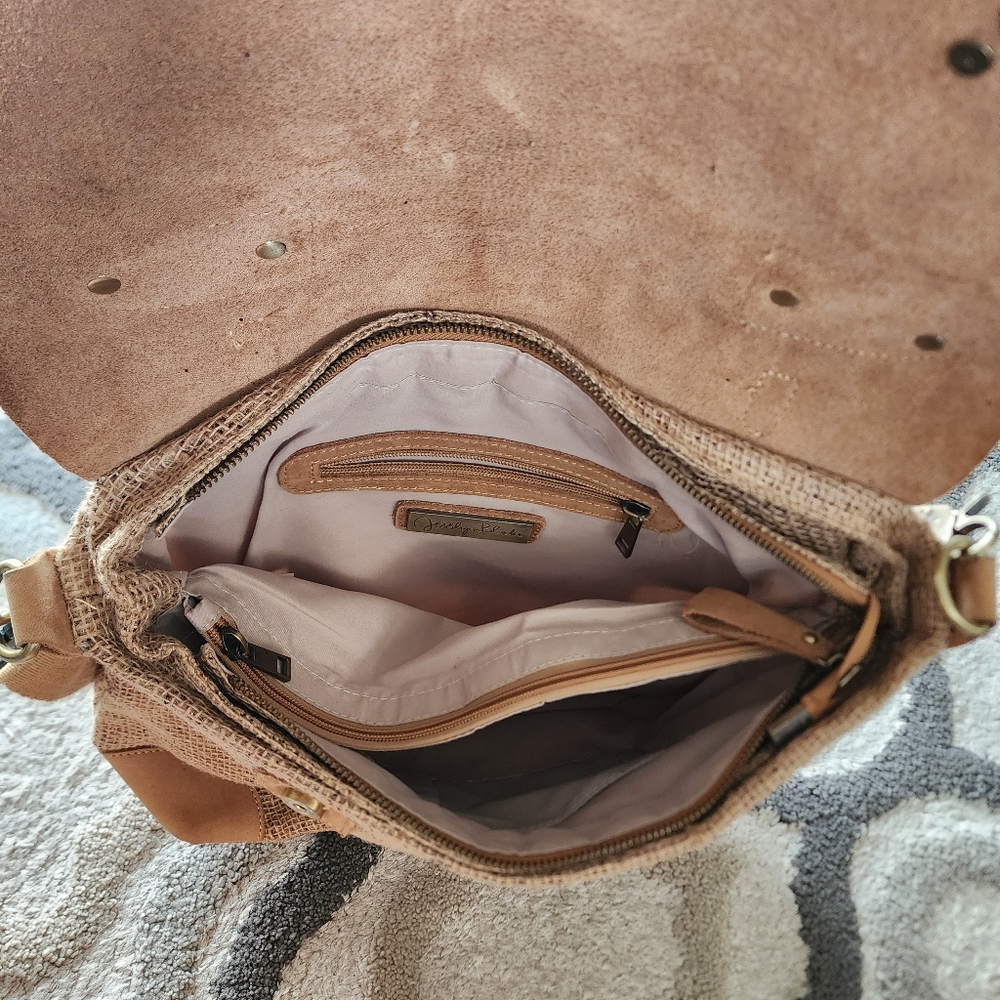Anthropology Jesslyn Blake tan burlap canvas sparkle leather crossbody bag - Picture 3 of 9